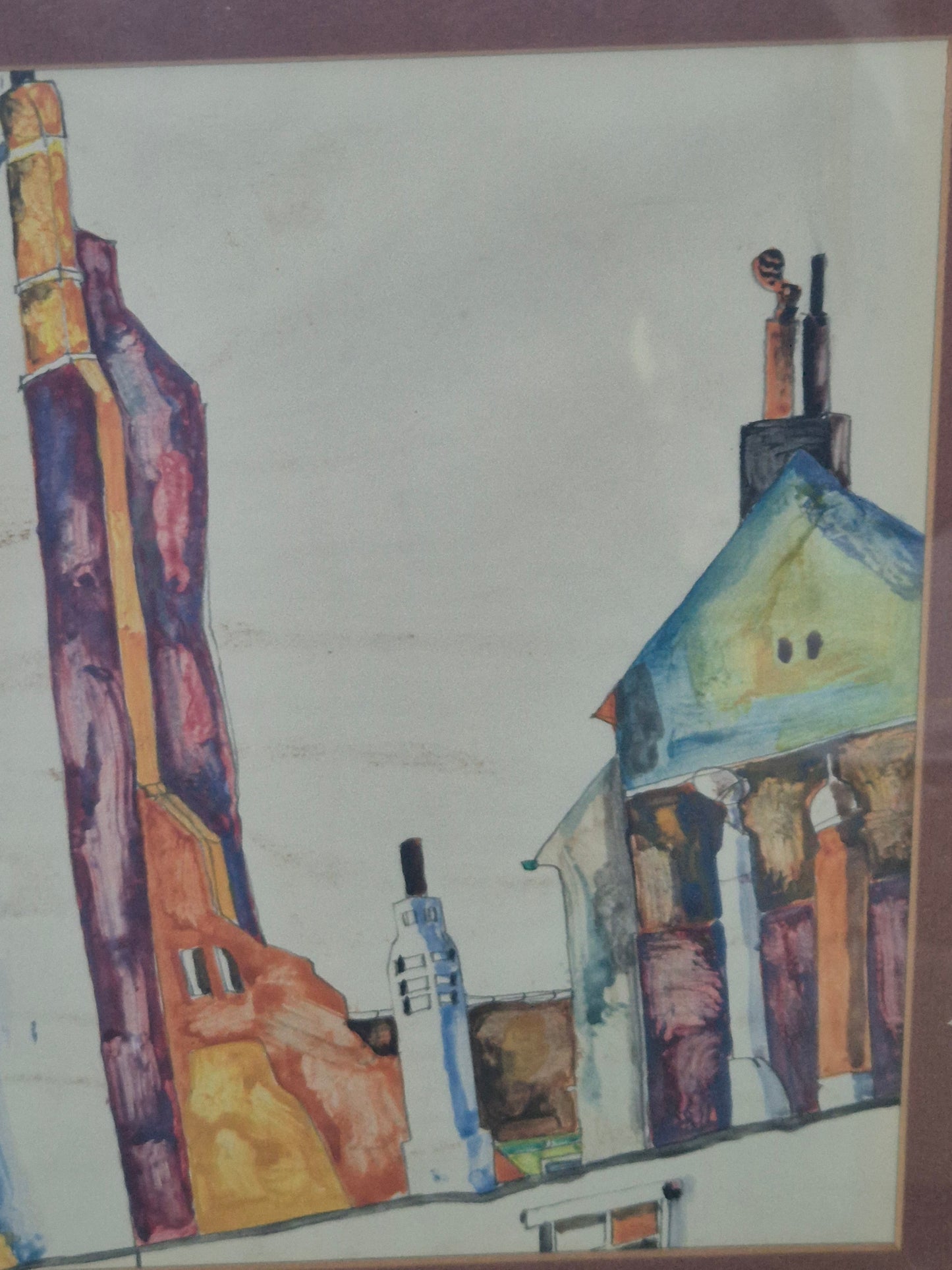 Aquarellmalerei (XX) Ausdrucksstarkes Stadtviertel 45x56cm