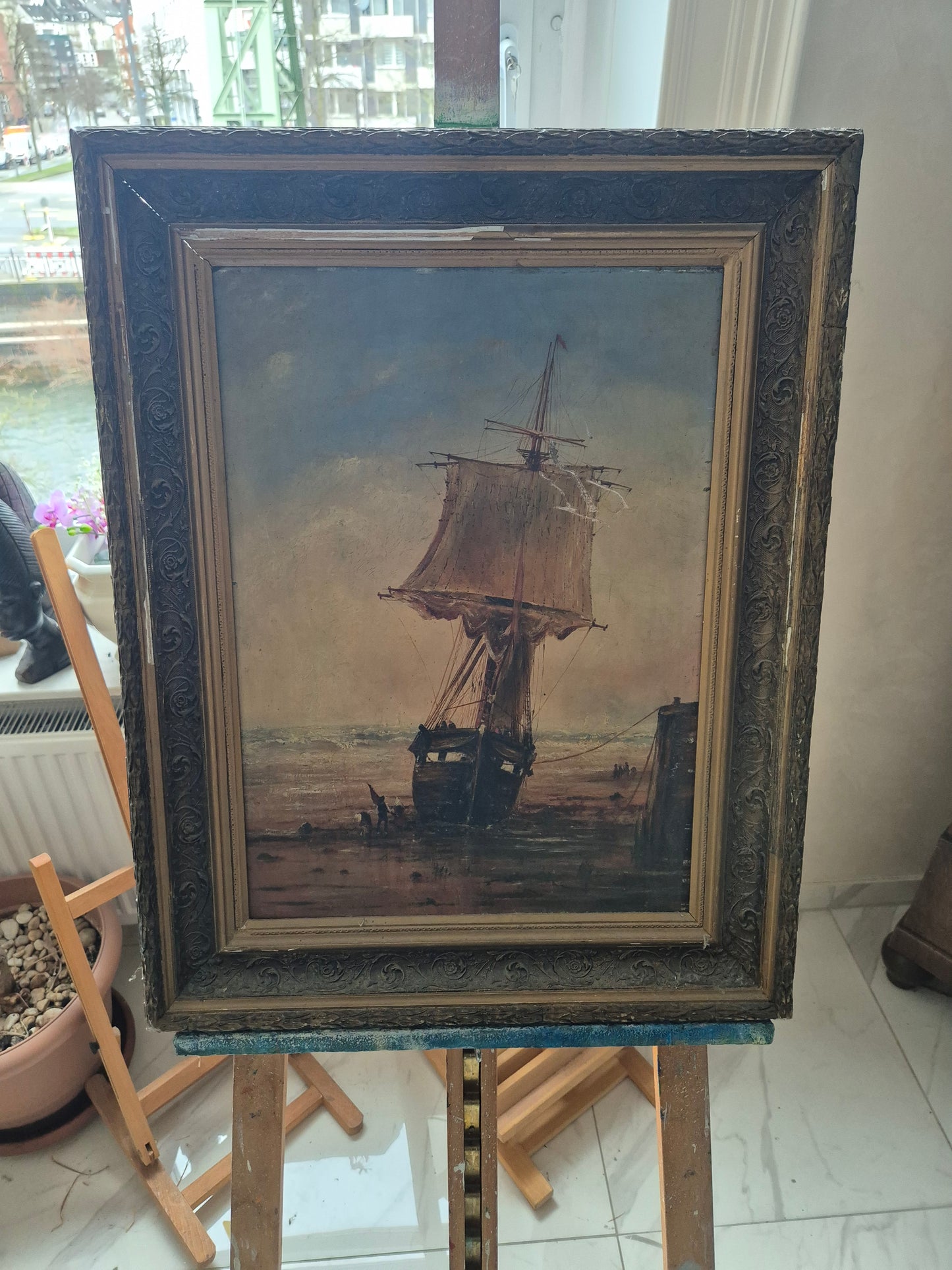 Europäische Malerschule (XX) Ölgemälde Seestück Zweimaster Küste