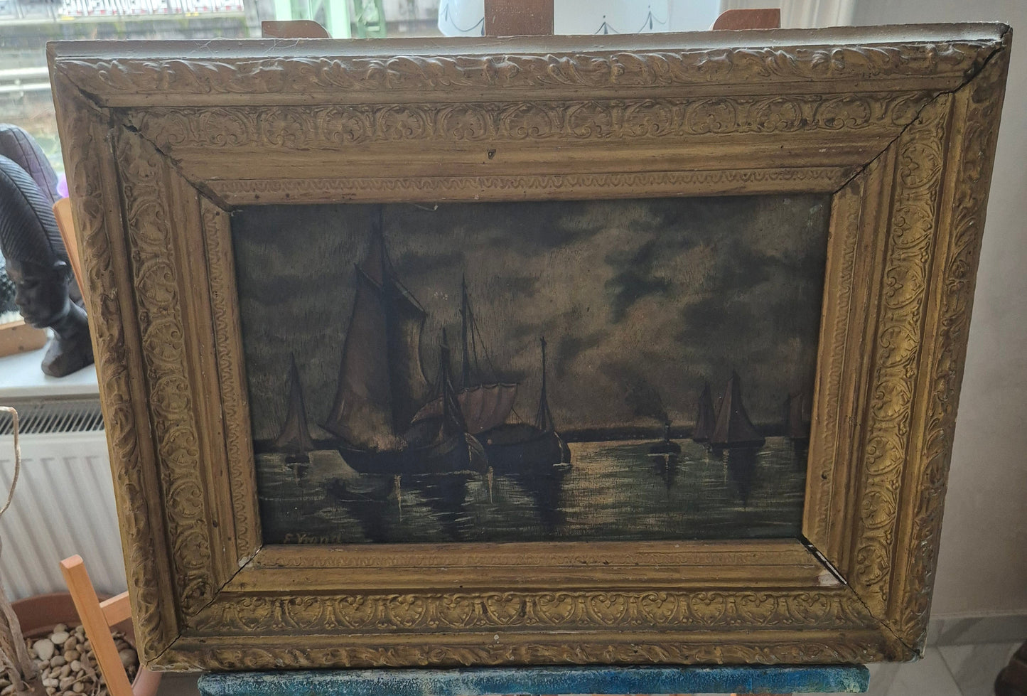 E. Viand (XIX-XX) Ölgemälde Segelboote im Mondschein 38 × 40 cm