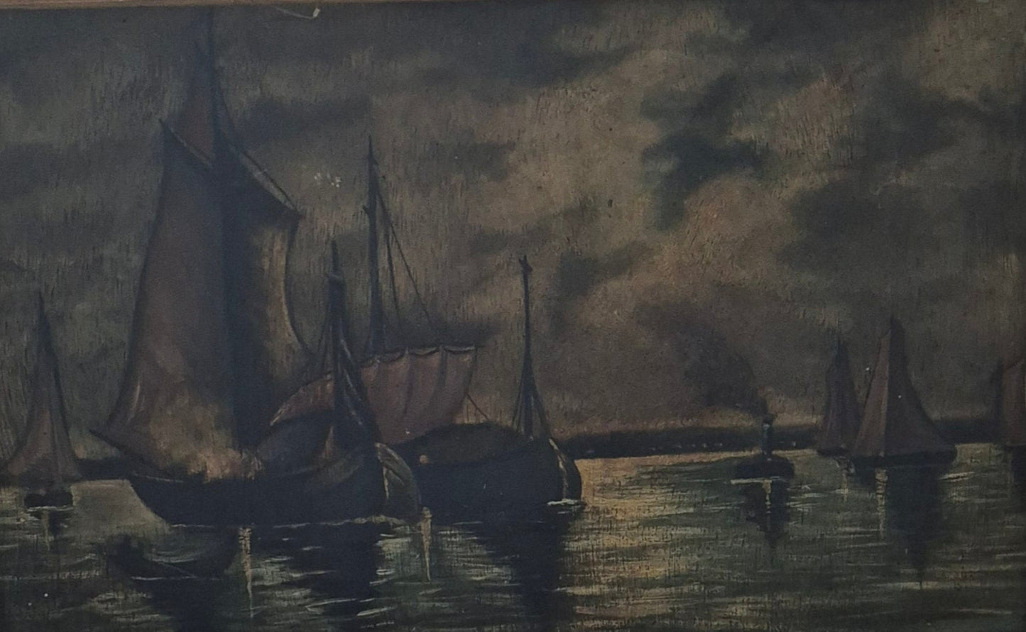 E. Viand (XIX-XX) Ölgemälde Segelboote im Mondschein 38 × 40 cm