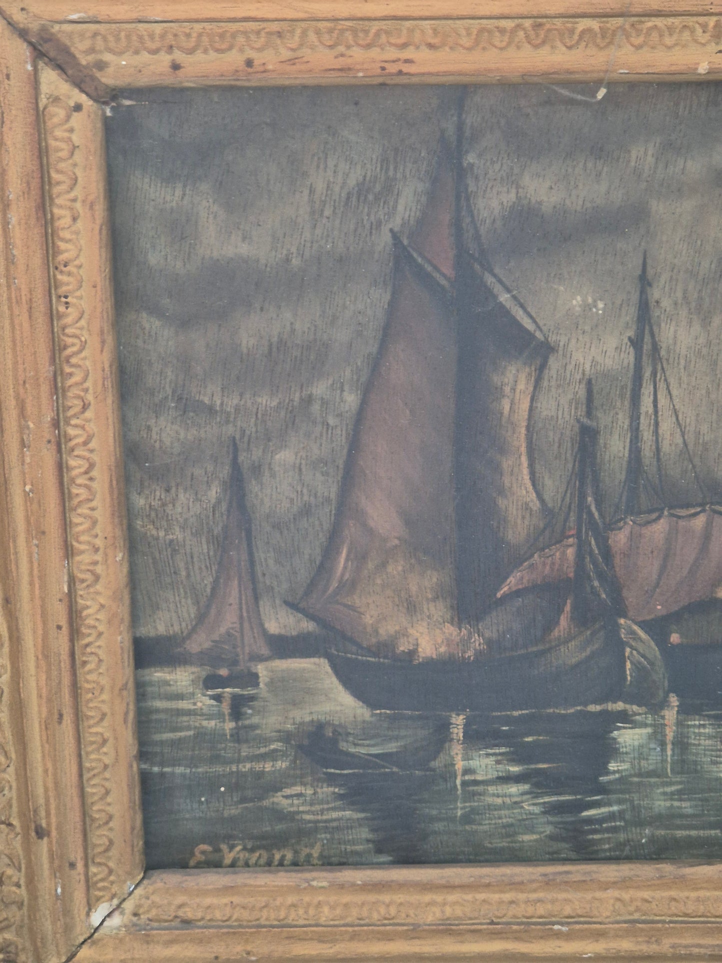 E. Viand (XIX-XX) Ölgemälde Segelboote im Mondschein 38 × 40 cm