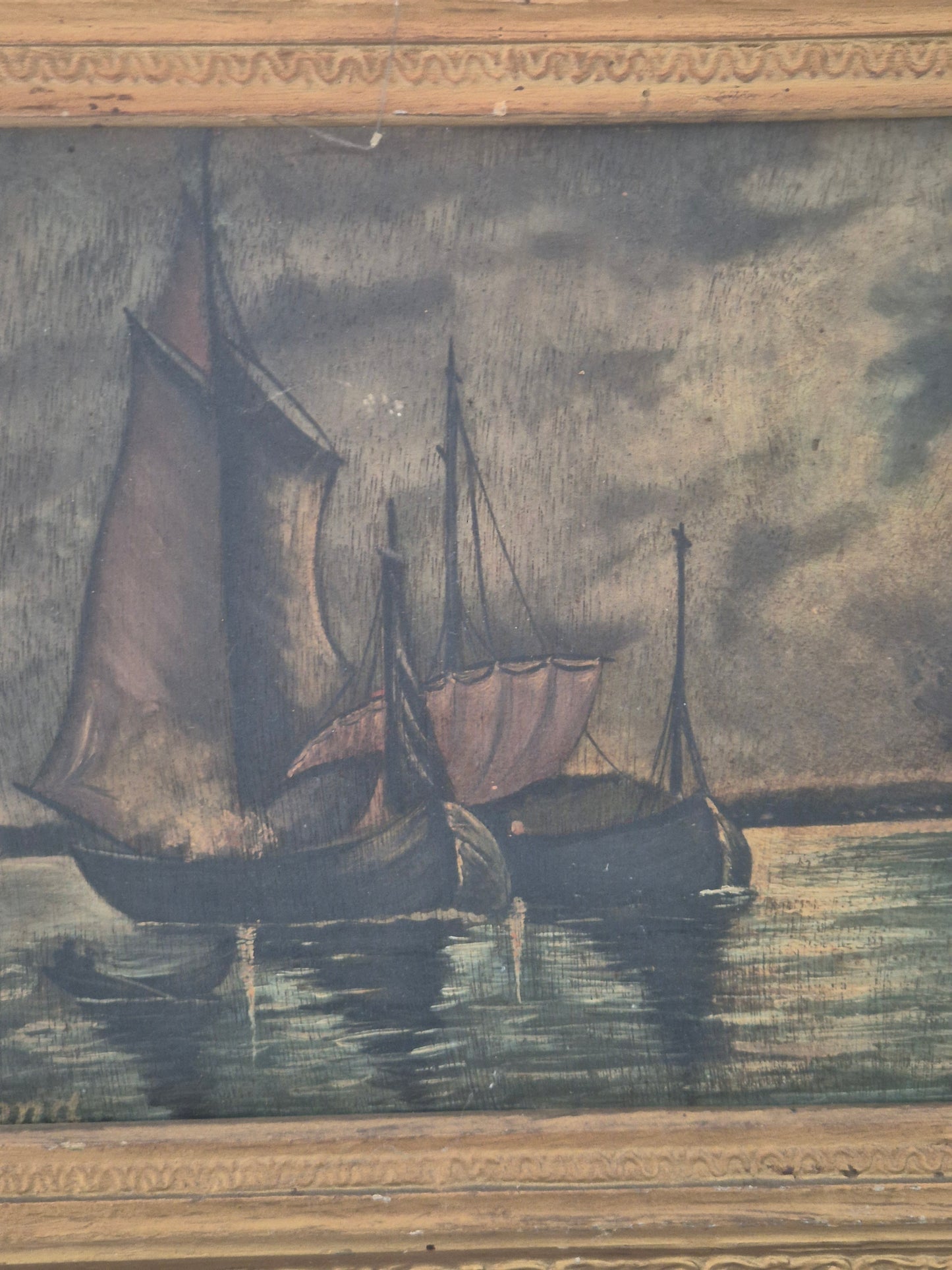 E. Viand (XIX-XX) Ölgemälde Segelboote im Mondschein 38 × 40 cm