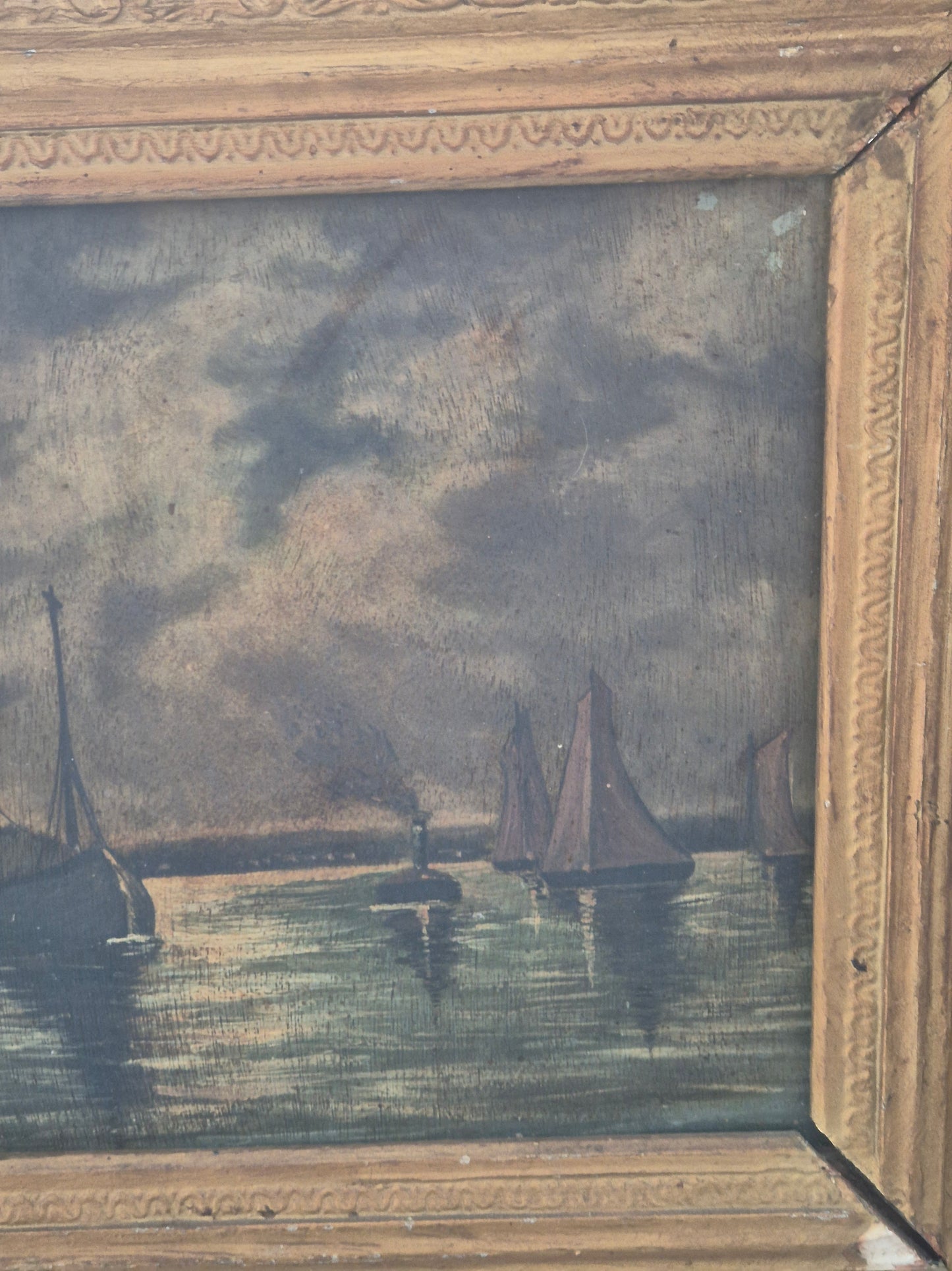 E. Viand (XIX-XX) Ölgemälde Segelboote im Mondschein 38 × 40 cm