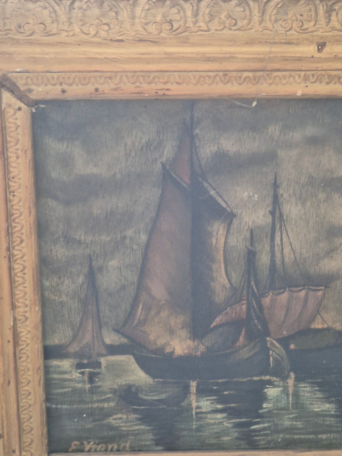 E. Viand (XIX-XX) Ölgemälde Segelboote im Mondschein 38 × 40 cm