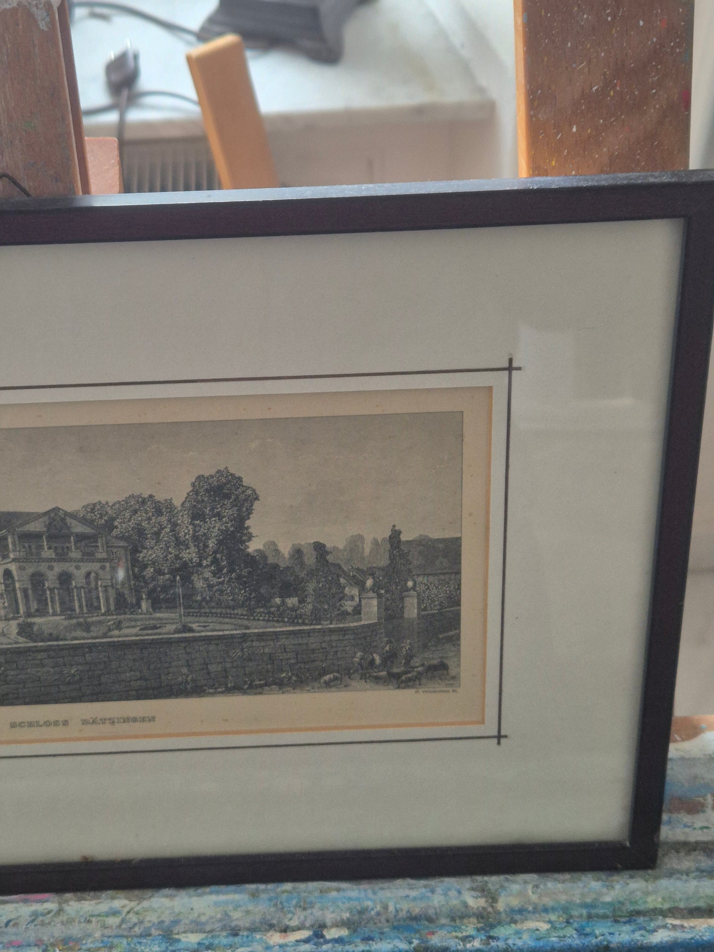 Schloss Dätzingen Druckgrafik Lithographie Landschaftsidylle Gerahmt