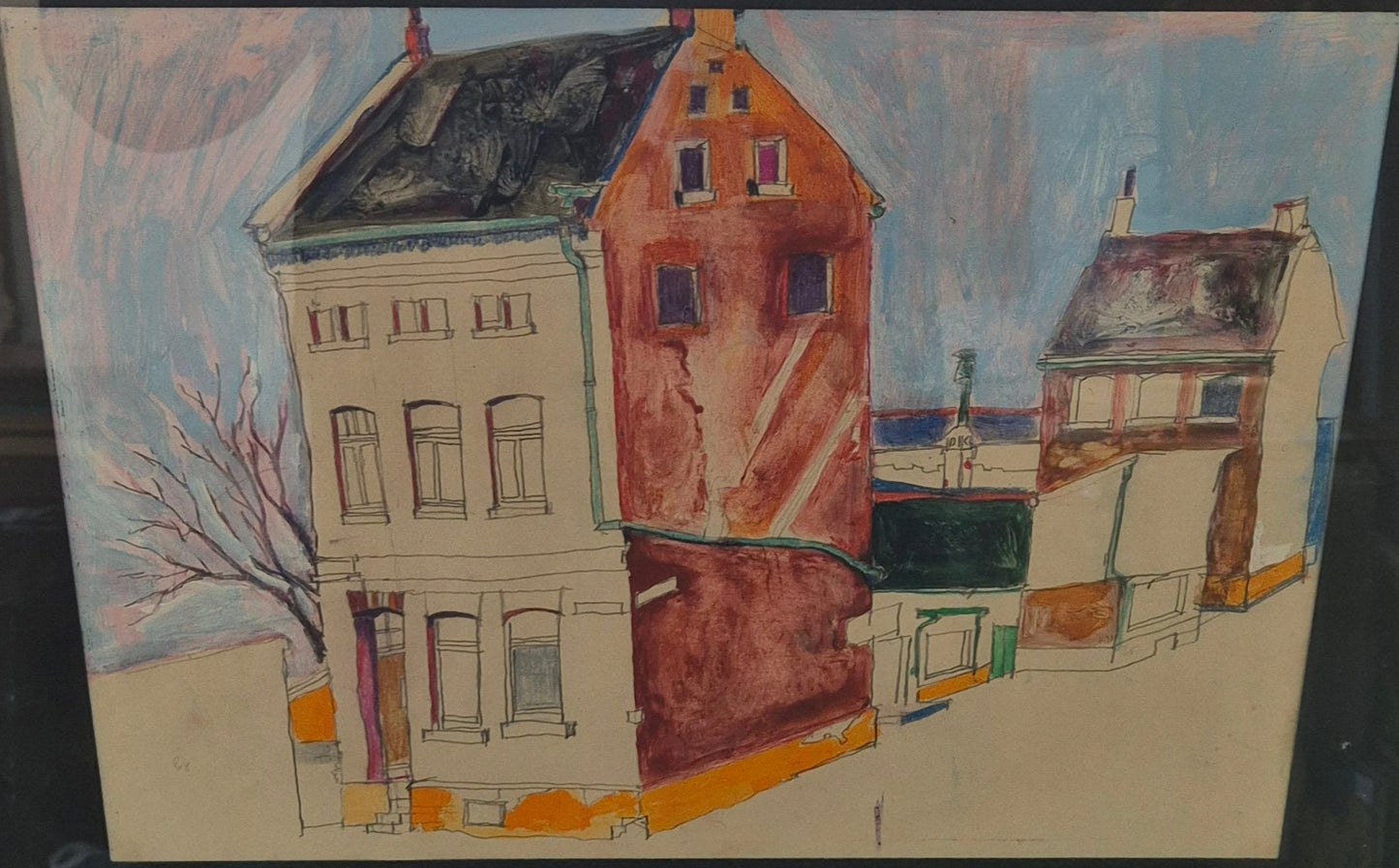 Cartoon Naive Malerei Mischtechnik Stadtbilder Gerahmt hinter Glas