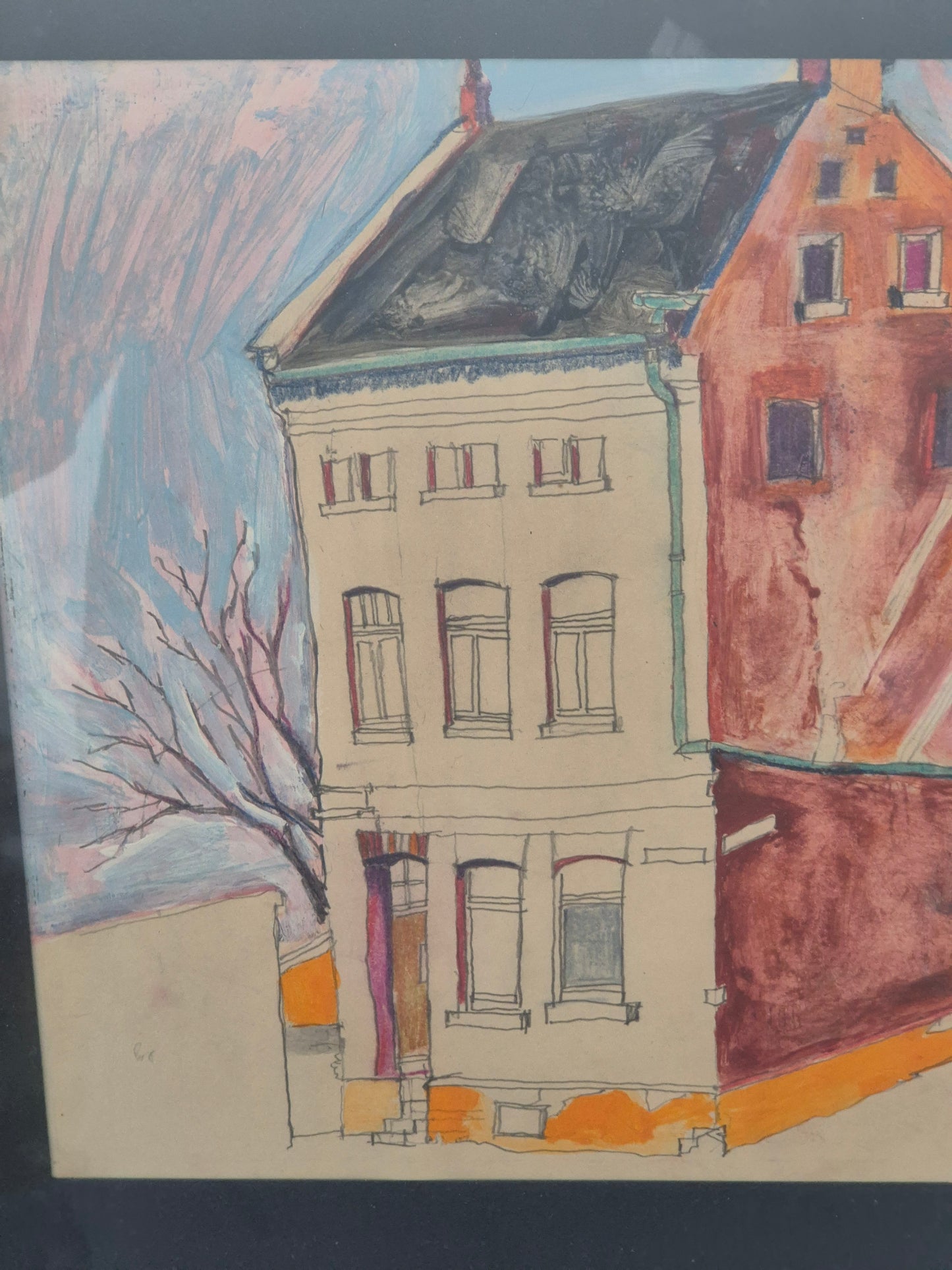 Cartoon Naive Malerei Mischtechnik Stadtbilder Gerahmt hinter Glas