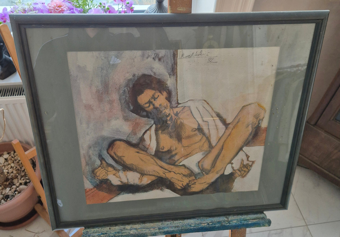 Handsigniertes Aquarell Mischtechnik Erschöpfung Mann 49x59cm