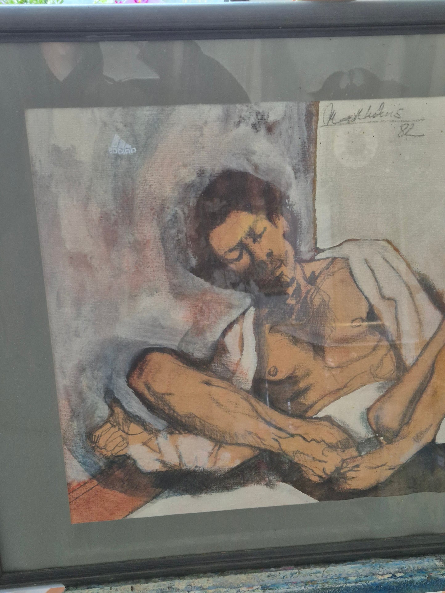 Handsigniertes Aquarell Mischtechnik Erschöpfung Mann 49x59cm