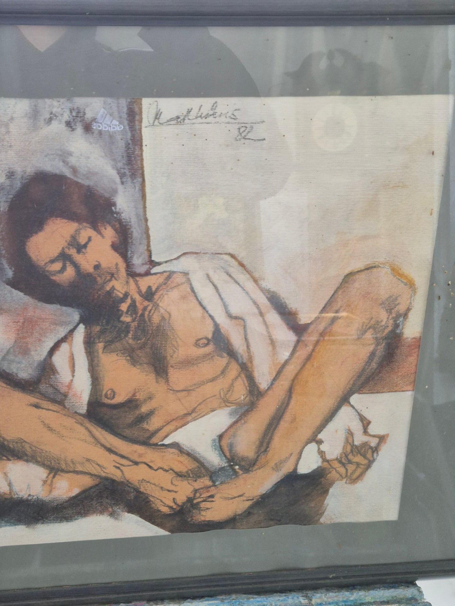 Handsigniertes Aquarell Mischtechnik Erschöpfung Mann 49x59cm