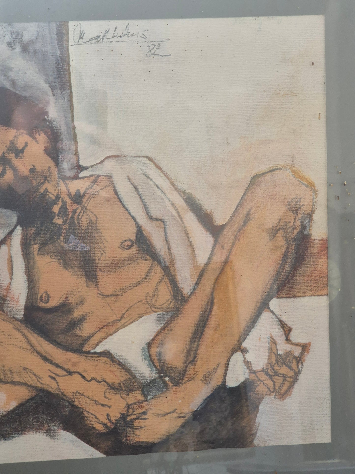 Handsigniertes Aquarell Mischtechnik Erschöpfung Mann 49x59cm