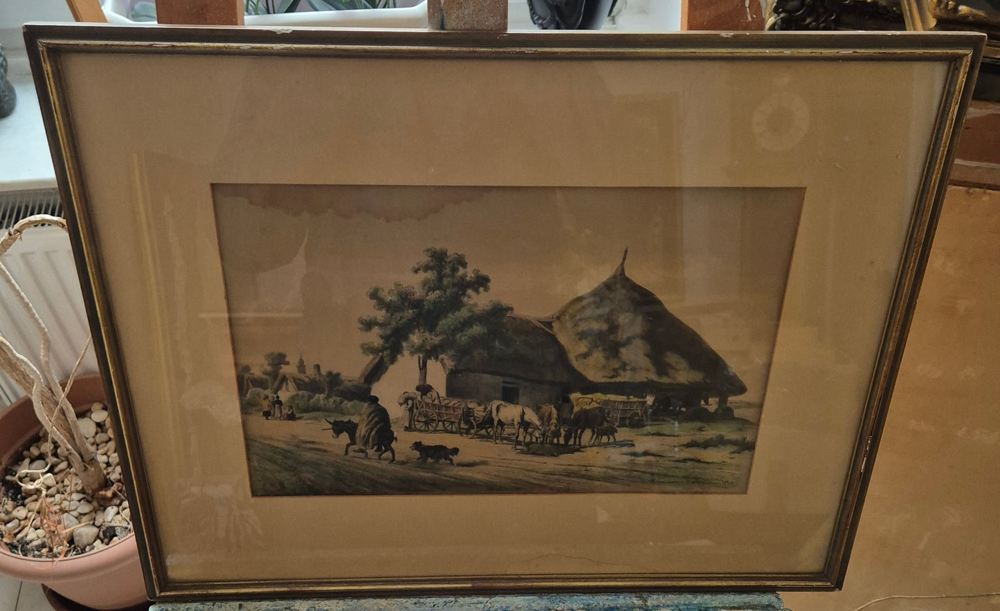 Farblithographie Grafik Landschaftsidylle Bauernhof Gerahmt hinter Glas