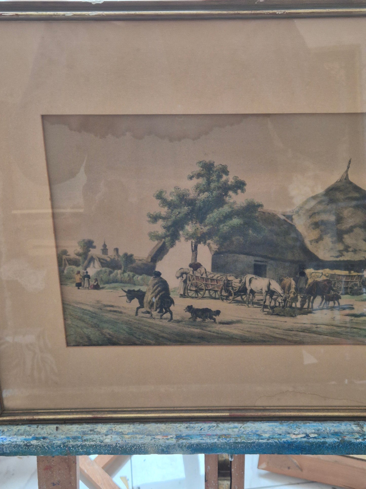 Farblithographie Grafik Landschaftsidylle Bauernhof Gerahmt hinter Glas