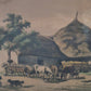 Farblithographie Grafik Landschaftsidylle Bauernhof Gerahmt hinter Glas