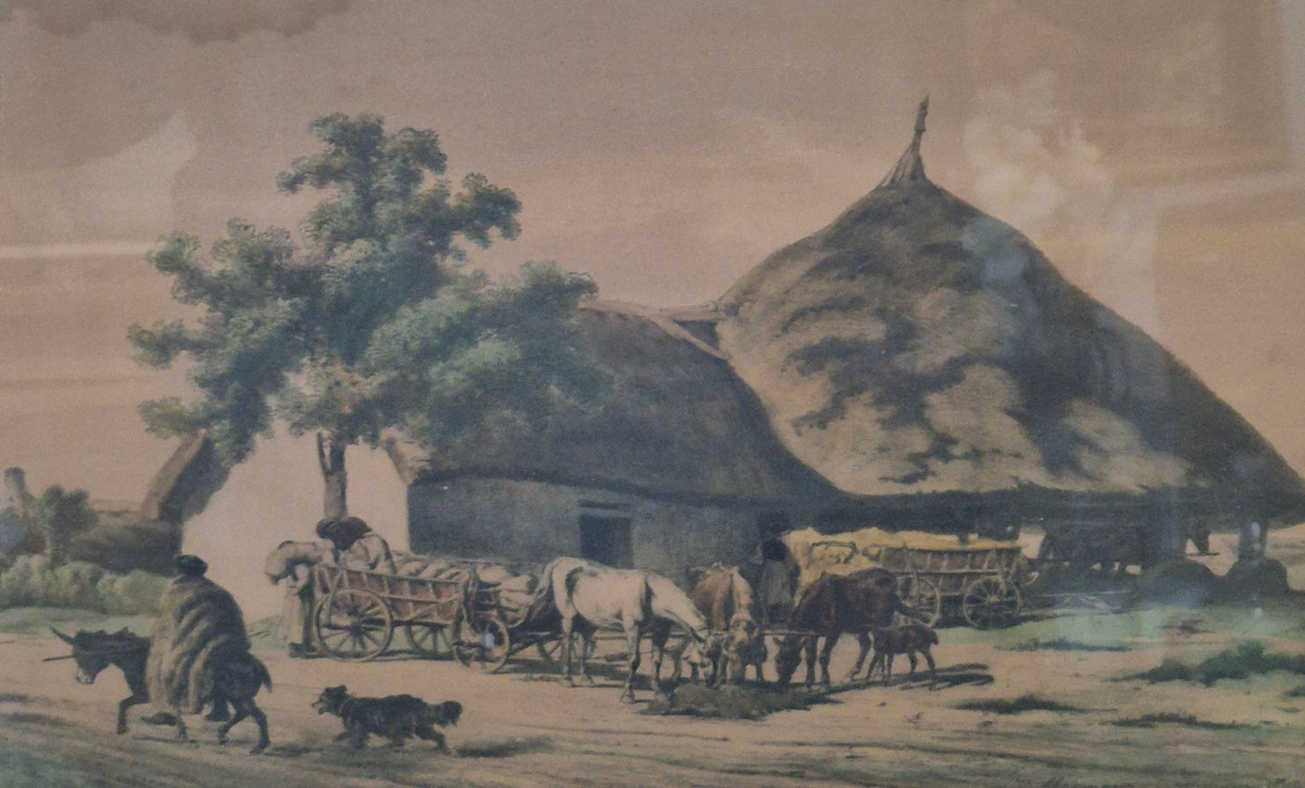 Farblithographie Grafik Landschaftsidylle Bauernhof Gerahmt hinter Glas