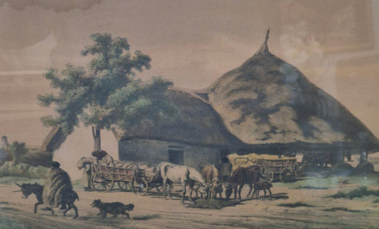 Farblithographie Grafik Landschaftsidylle Bauernhof Gerahmt hinter Glas