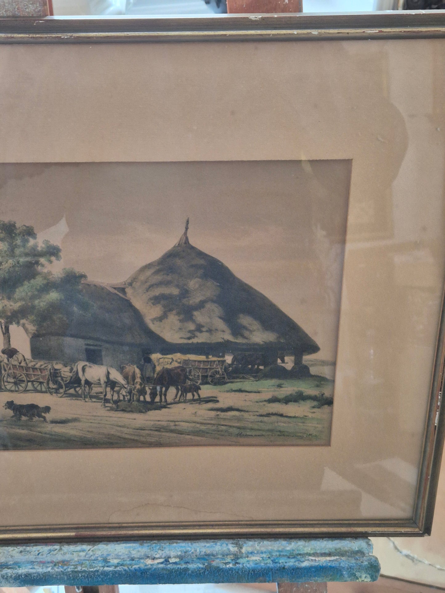 Farblithographie Grafik Landschaftsidylle Bauernhof Gerahmt hinter Glas