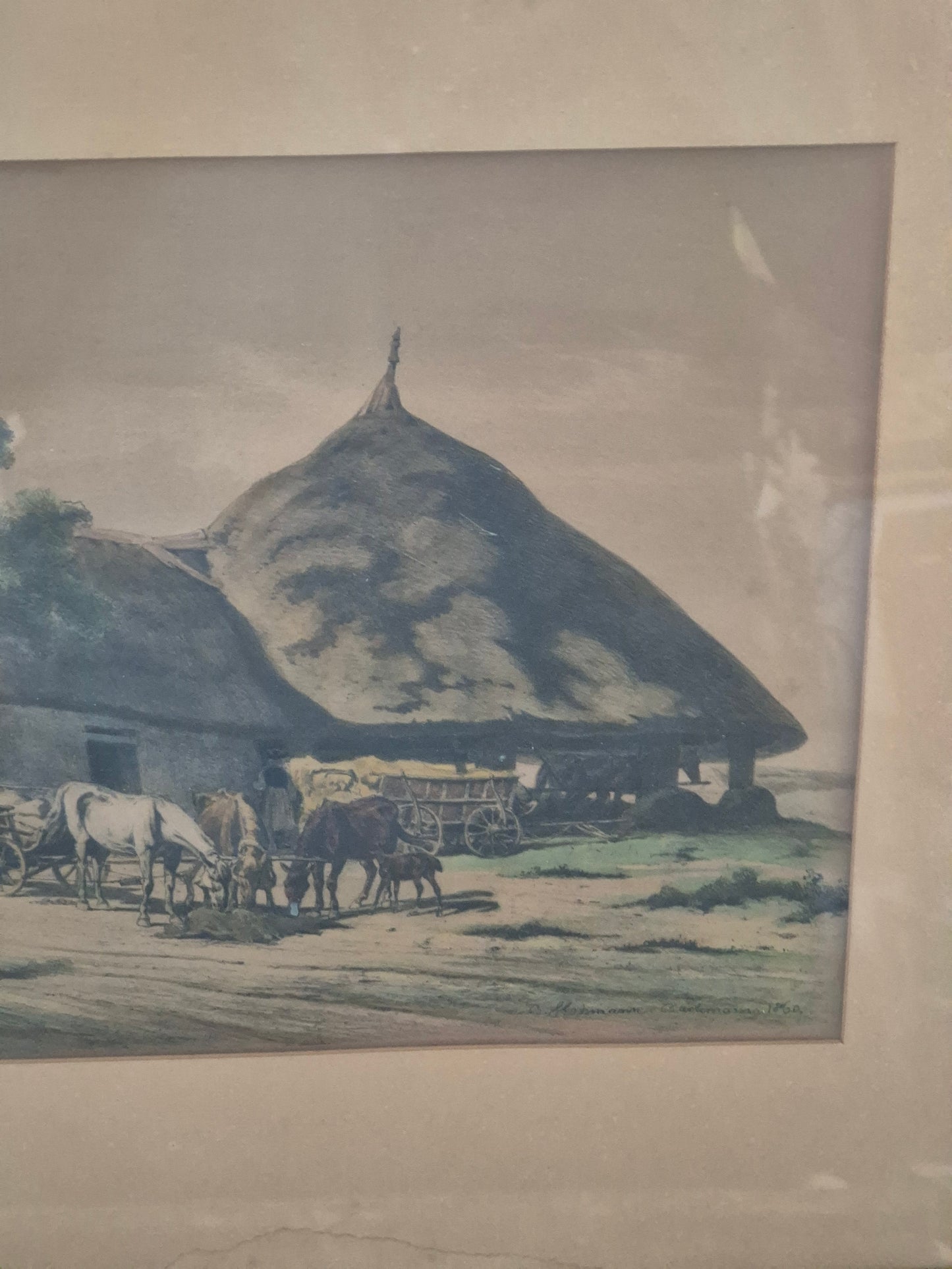 Farblithographie Grafik Landschaftsidylle Bauernhof Gerahmt hinter Glas