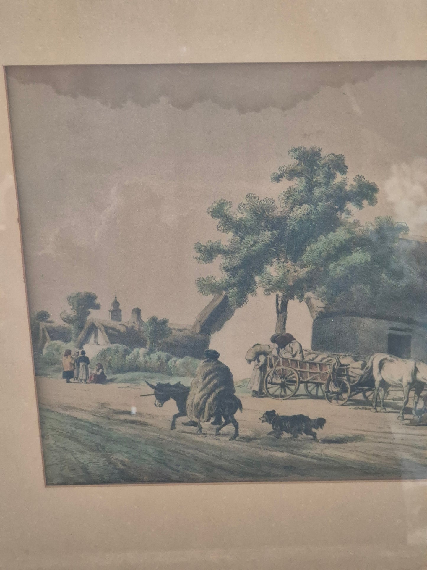 Farblithographie Grafik Landschaftsidylle Bauernhof Gerahmt hinter Glas