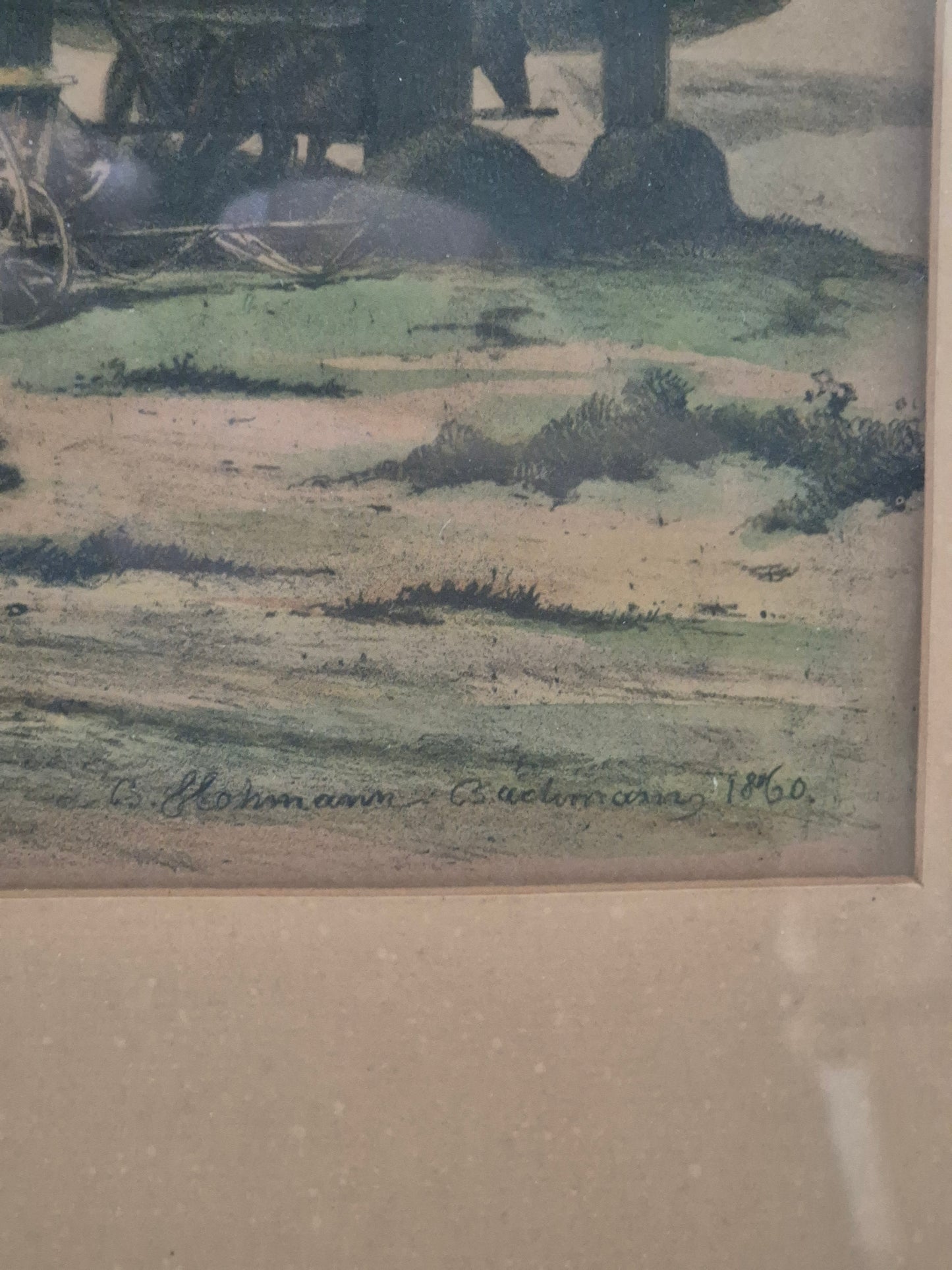 Farblithographie Grafik Landschaftsidylle Bauernhof Gerahmt hinter Glas