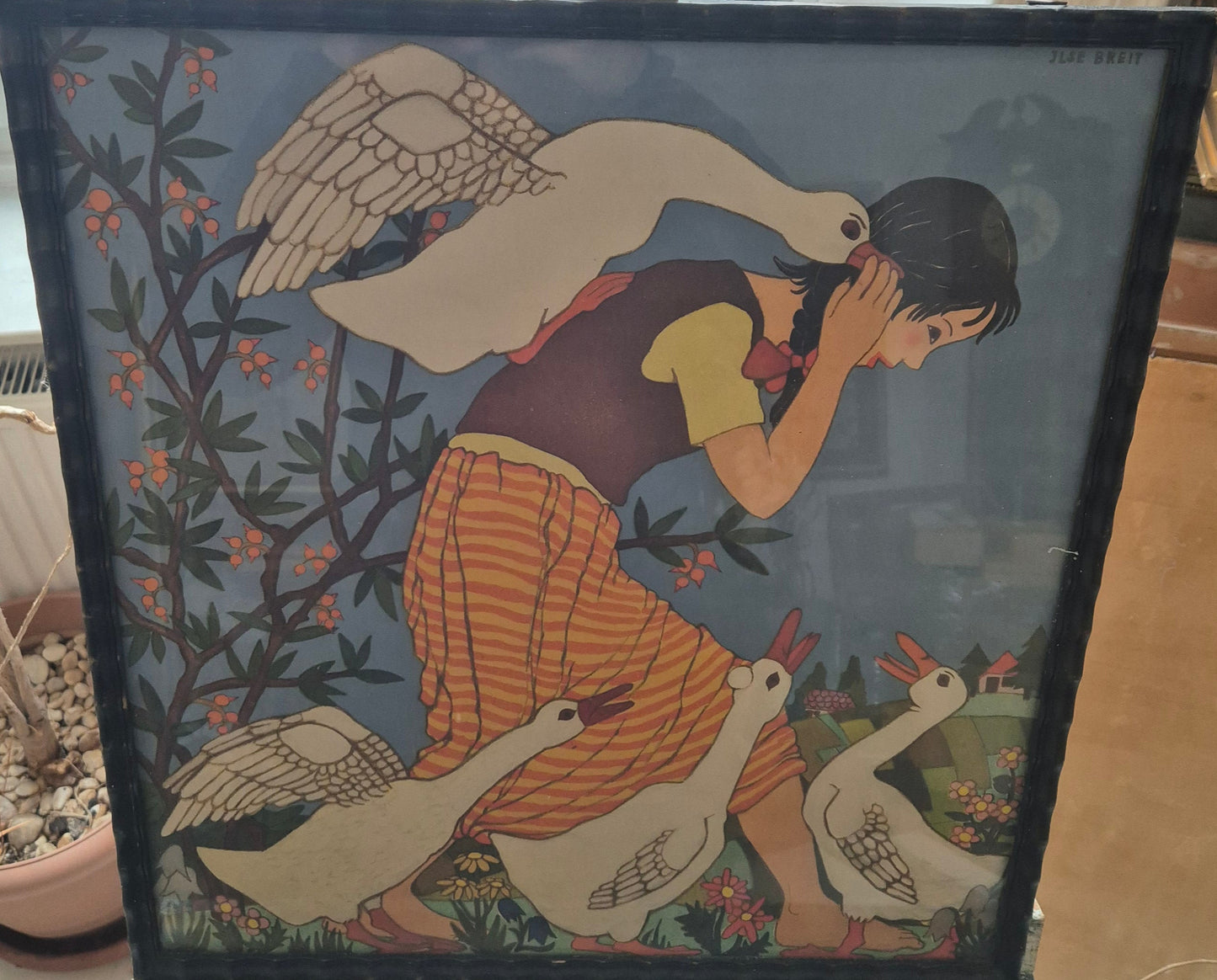 Ilse Breit (1908-1992) Farblithographie Goose Girl Gerahmt hinter Glas