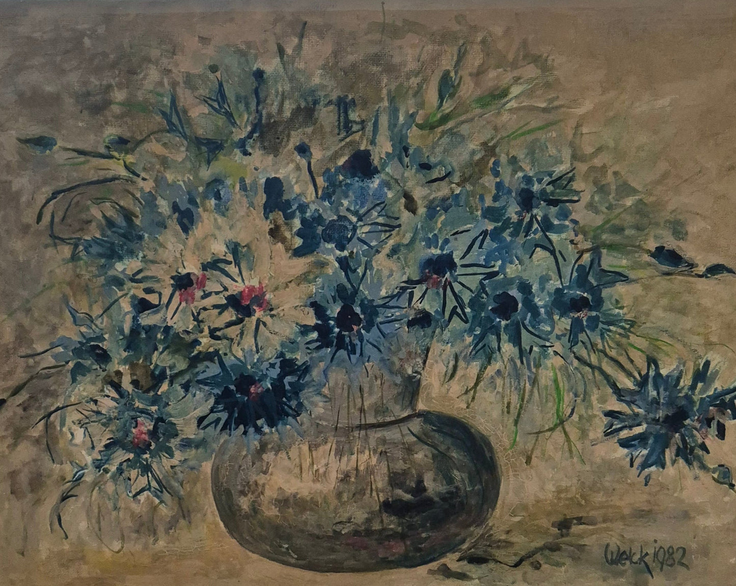 Ölgemälde Handsigniert Blumenstillleben Kornblumen von Welck (1982)