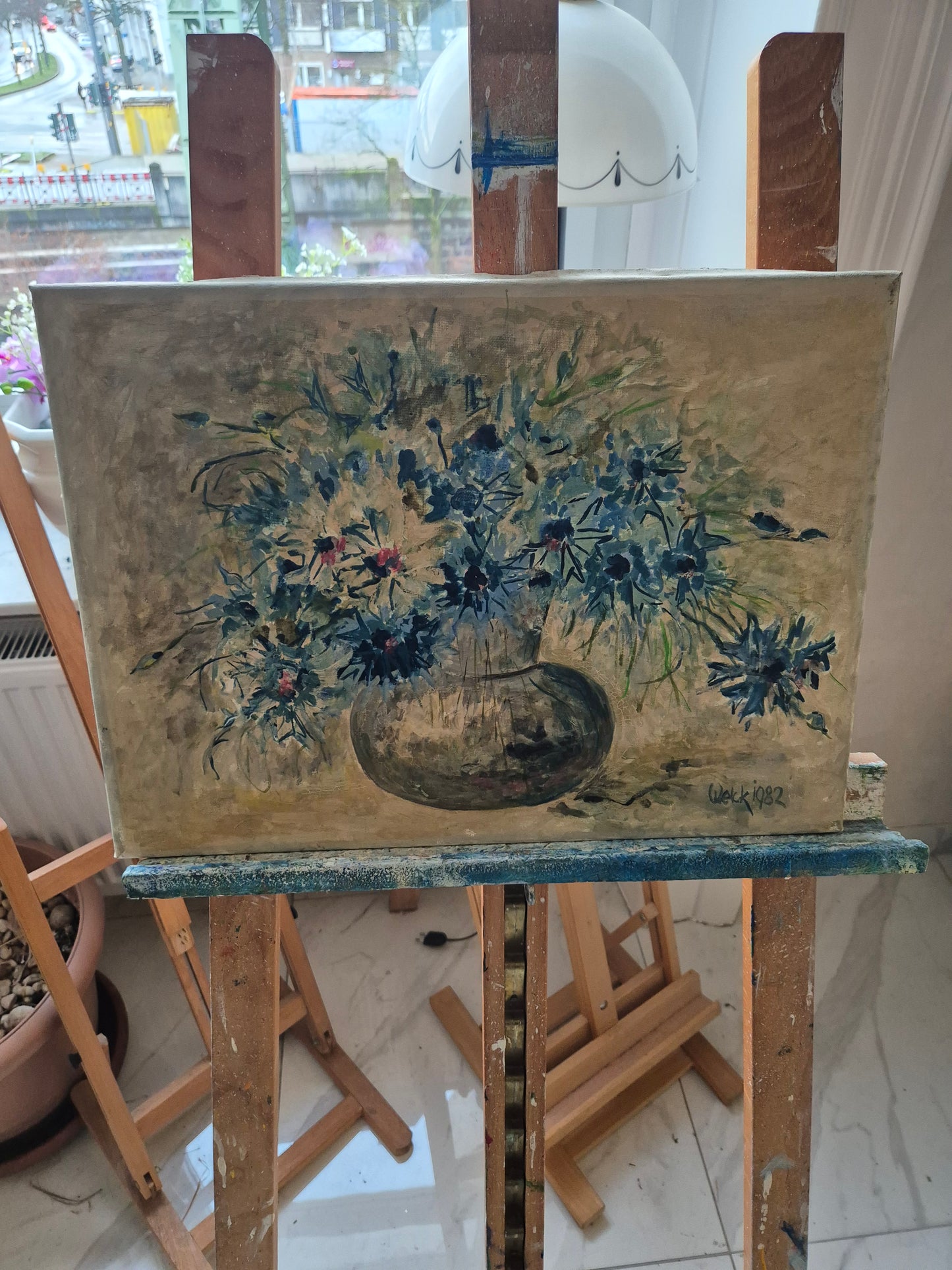 Ölgemälde Handsigniert Blumenstillleben Kornblumen von Welck (1982)