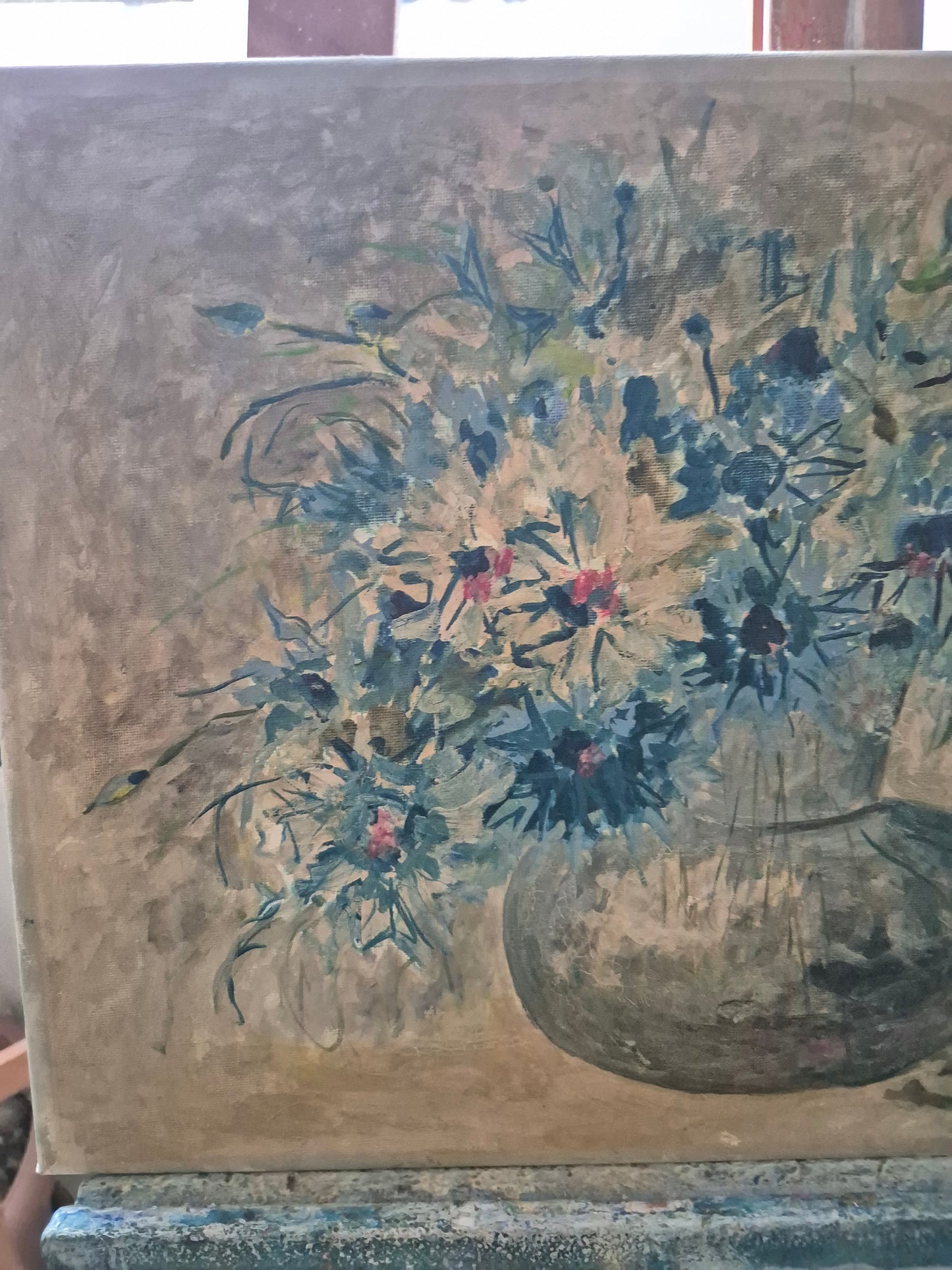 Ölgemälde Handsigniert Blumenstillleben Kornblumen von Welck (1982)