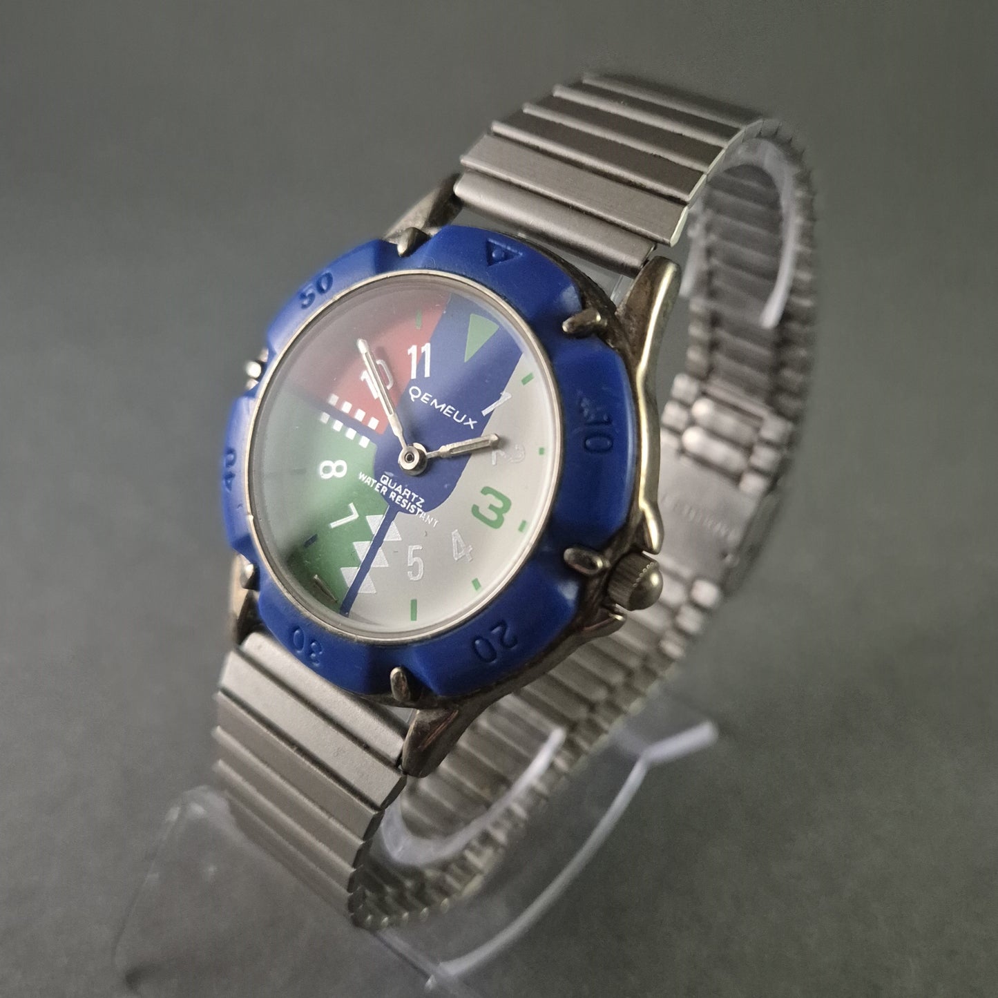 Seltene Qemeux Herrenarmbanduhr – Buntes Design mit Edelstahlarmband