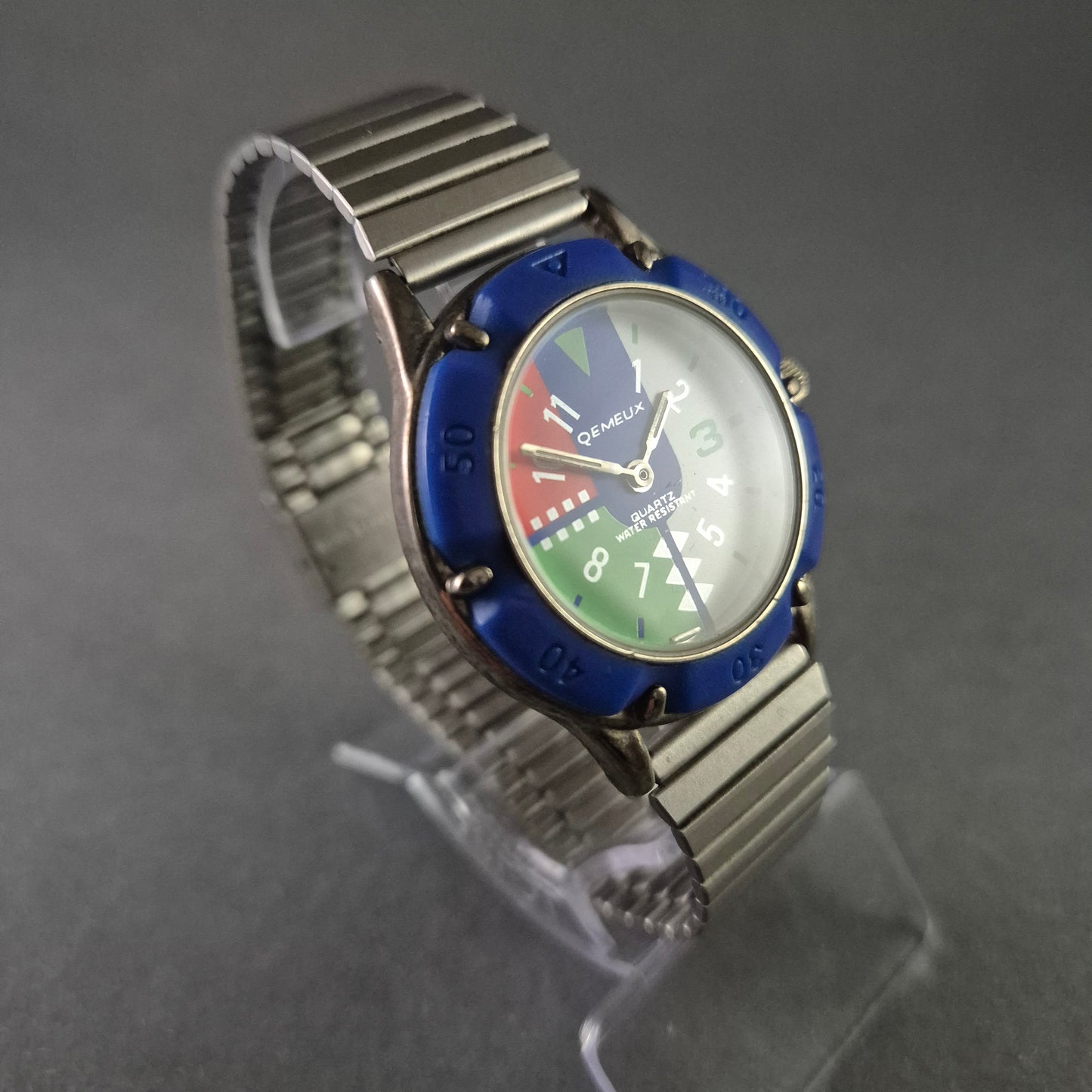 Seltene Qemeux Herrenarmbanduhr – Buntes Design mit Edelstahlarmband