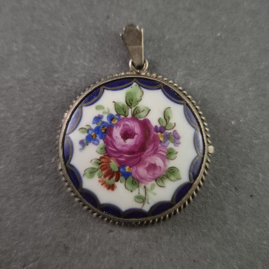 Antiker 800er Silber-Medaillon-Anhänger mit handbemalter Emaille