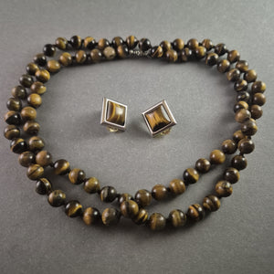 Vintage Schmuckset – Tigereisen-Cabochons mit Halskette & Clip-Ohrringen