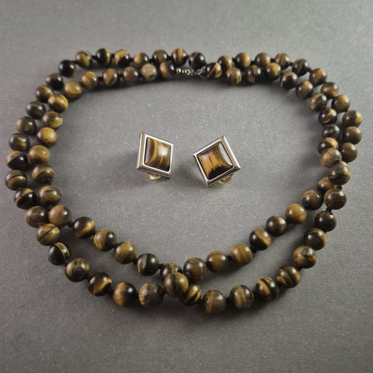 Vintage Schmuckset – Tigereisen-Cabochons mit Halskette & Clip-Ohrringen