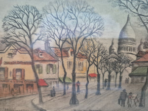 Original Farbradierung Frankreich Montmartre Place du Tertre Handsigniert