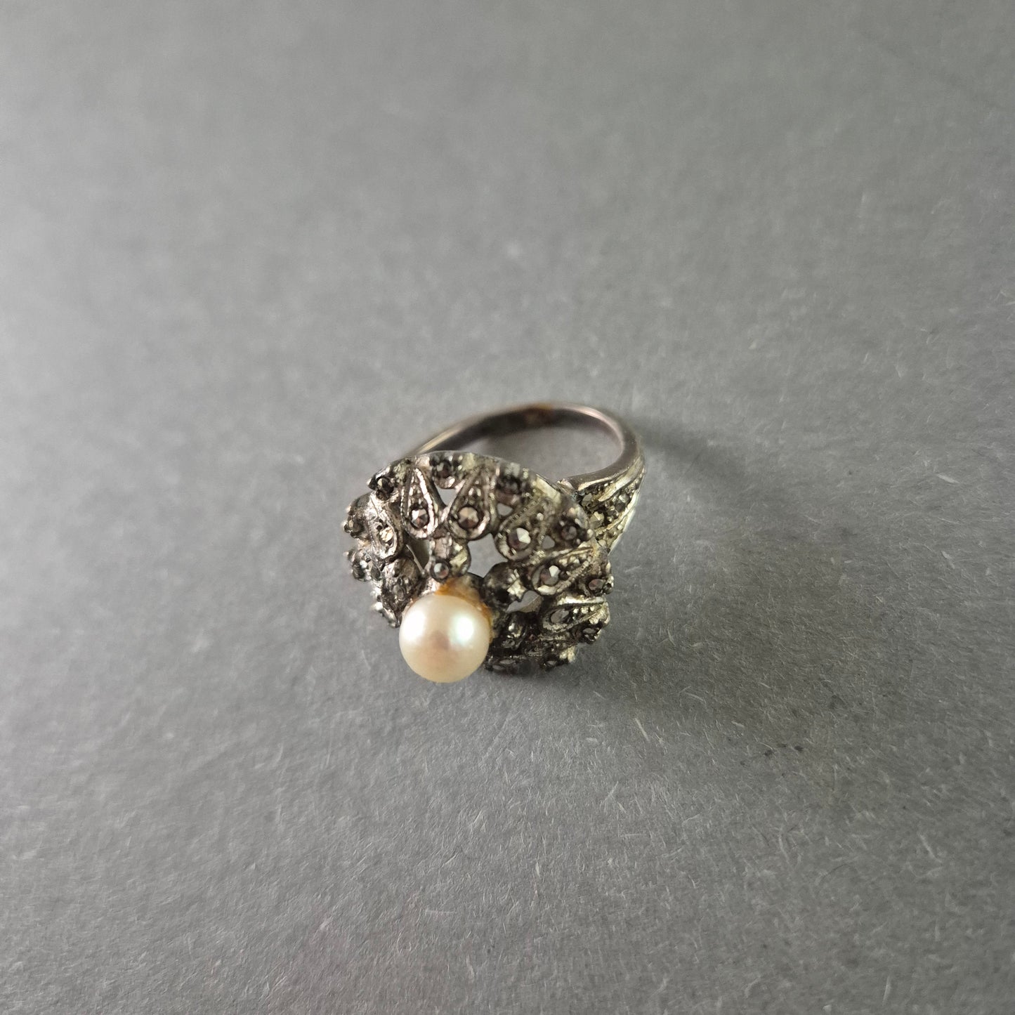 Antiker Silberring mit Perle & Markasiten – Elegantes Jugendstil-Design