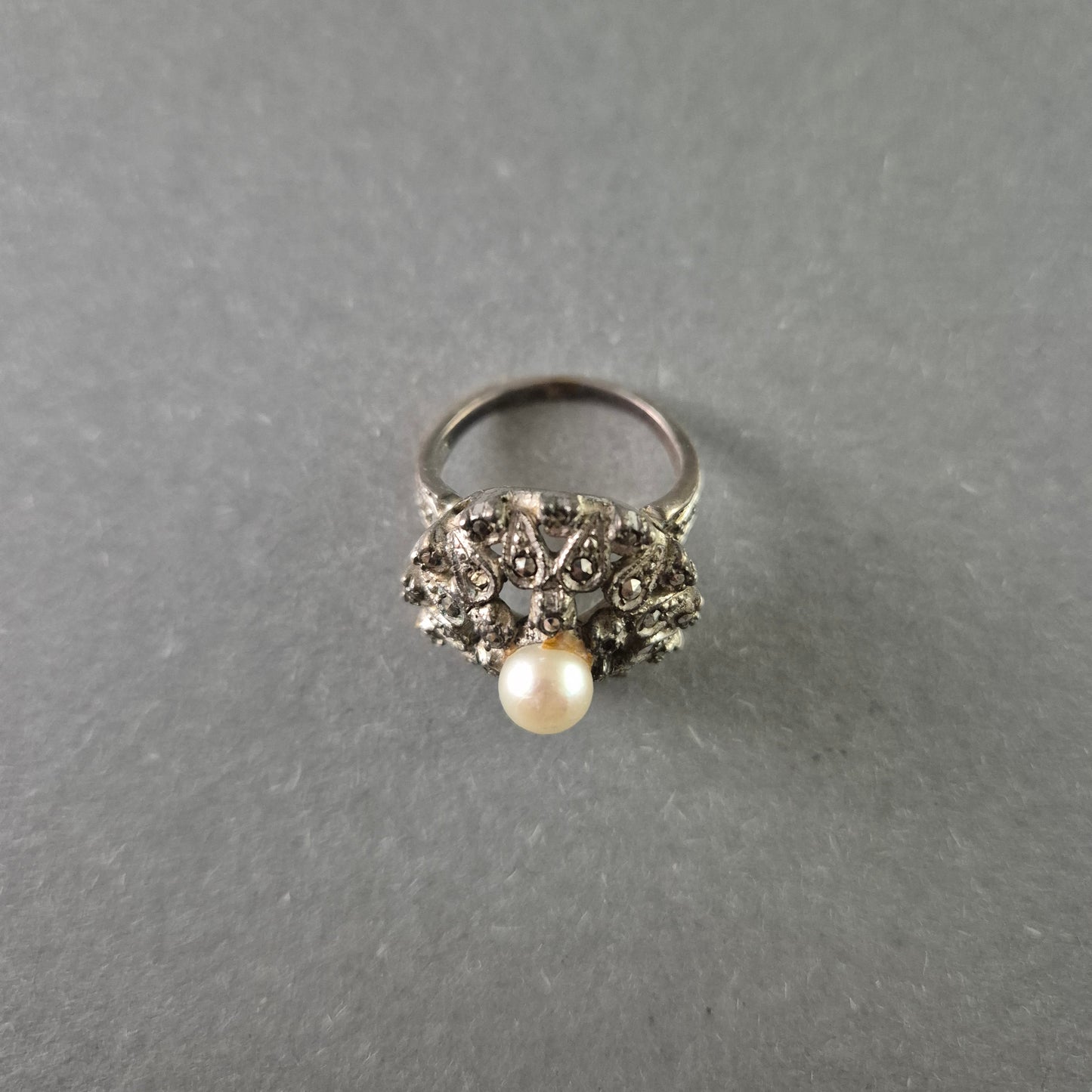 Antiker Silberring mit Perle & Markasiten – Elegantes Jugendstil-Design