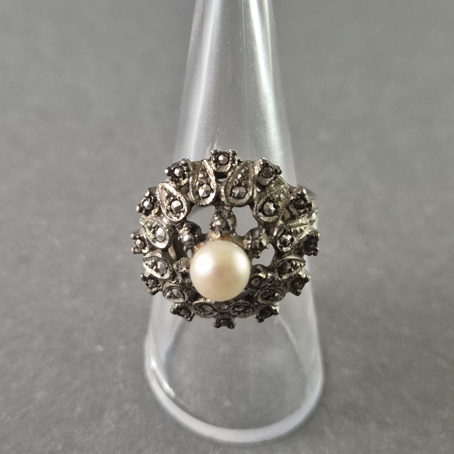 Antiker Silberring mit Perle & Markasiten – Elegantes Jugendstil-Design