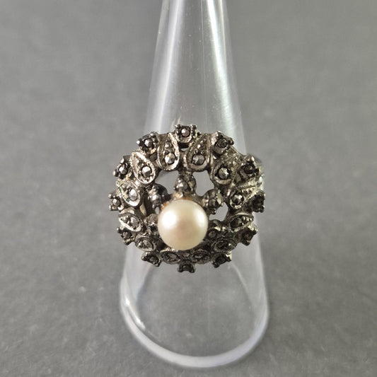 Antiker Silberring mit Perle & Markasiten – Elegantes Jugendstil-Design