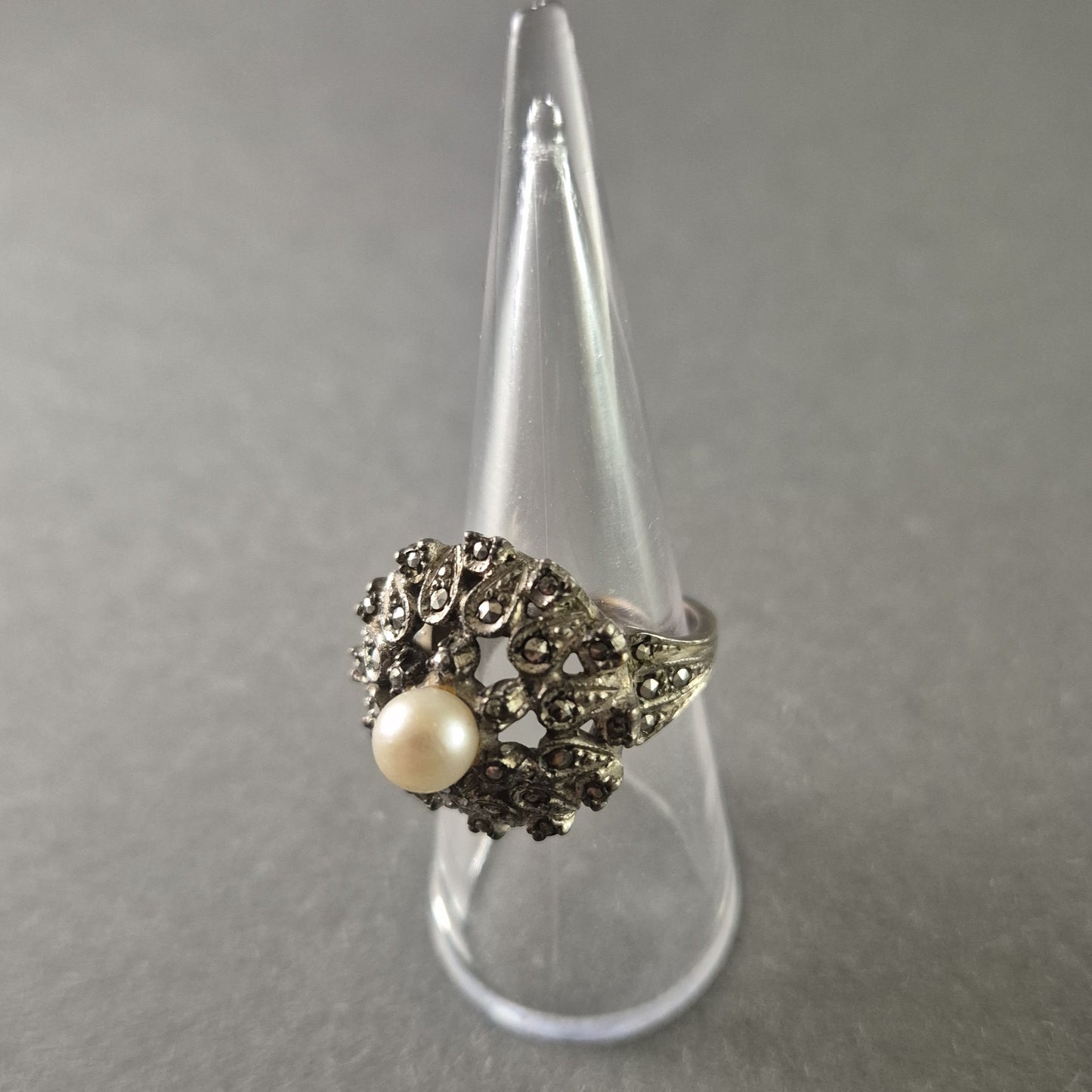 Antiker Silberring mit Perle & Markasiten – Elegantes Jugendstil-Design