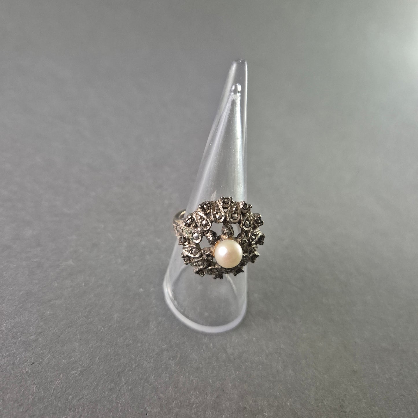 Antiker Silberring mit Perle & Markasiten – Elegantes Jugendstil-Design