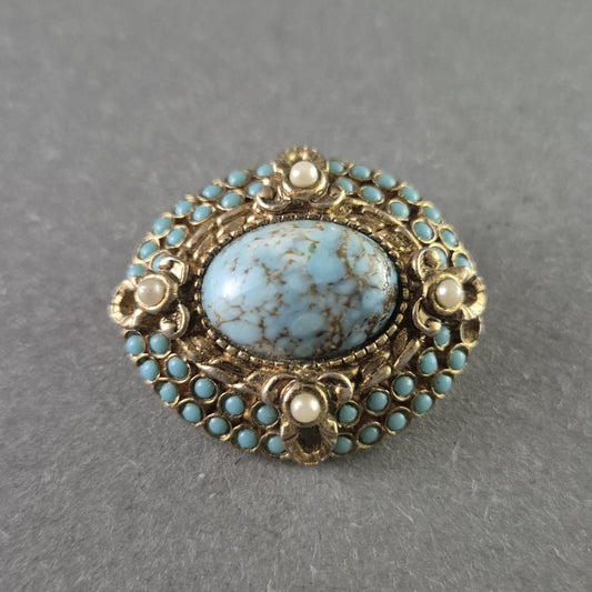 Antike Brosche mit Türkis und Perlen – Elegantes historisches Design