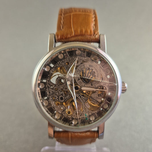 Skelettierte Herrenarmbanduhr – Mechanisches Uhrwerk mit Vintage-Lederarmband