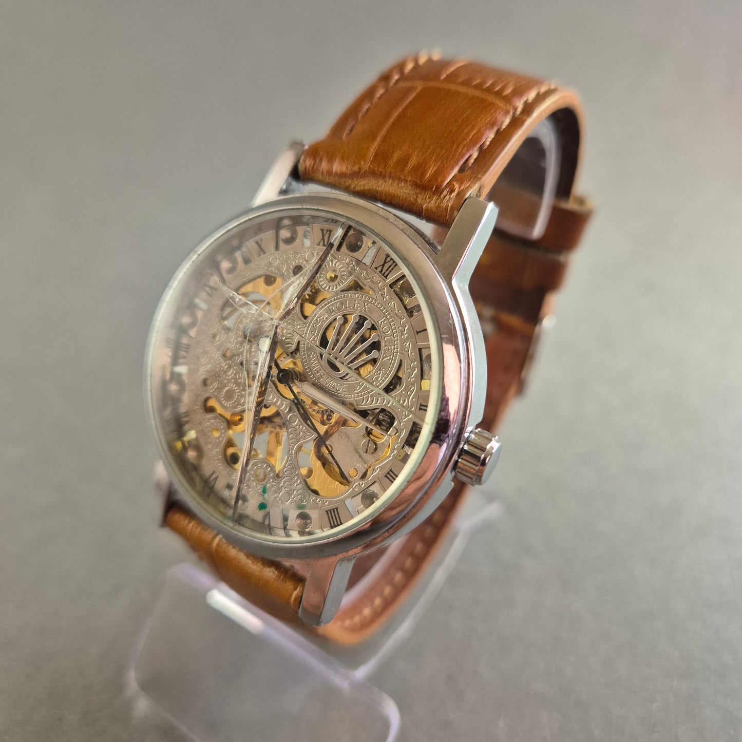 Skelettierte Herrenarmbanduhr – Mechanisches Uhrwerk mit Vintage-Lederarmband