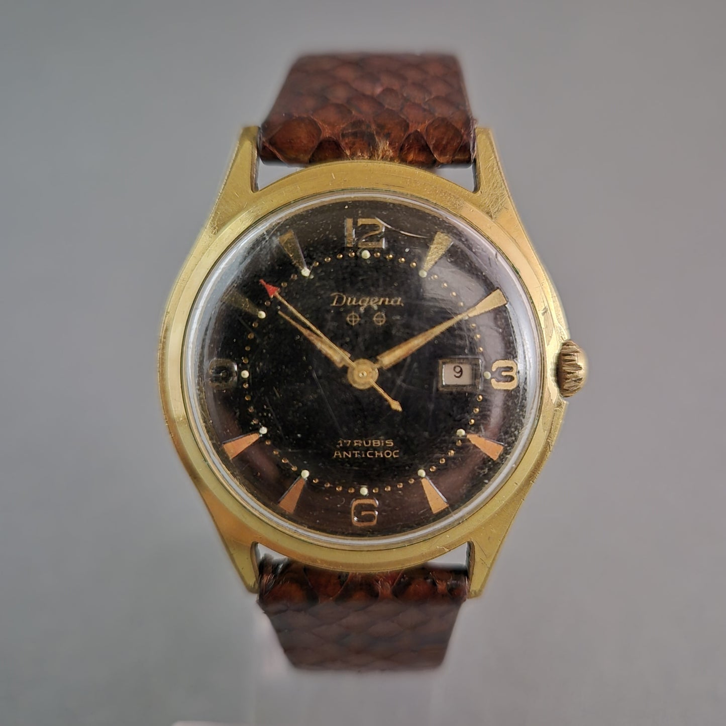 Dugena Uhr Armbanduhr Vintage-Charme mit 17 Rubinen u. Datumsanzeige