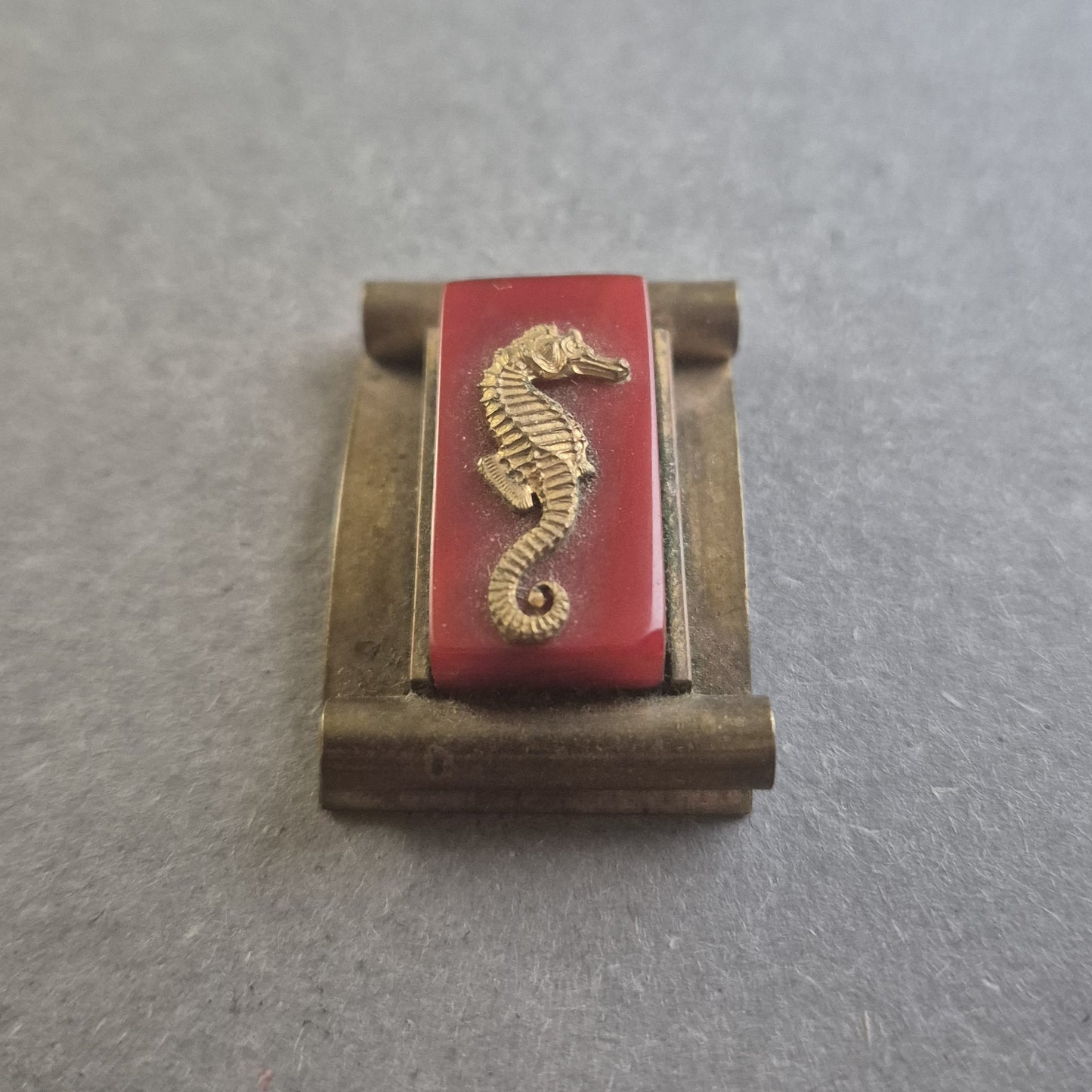 Vintage Messing-Brosche mit Seepferdchen – Roter Akzent und Reliefdesign