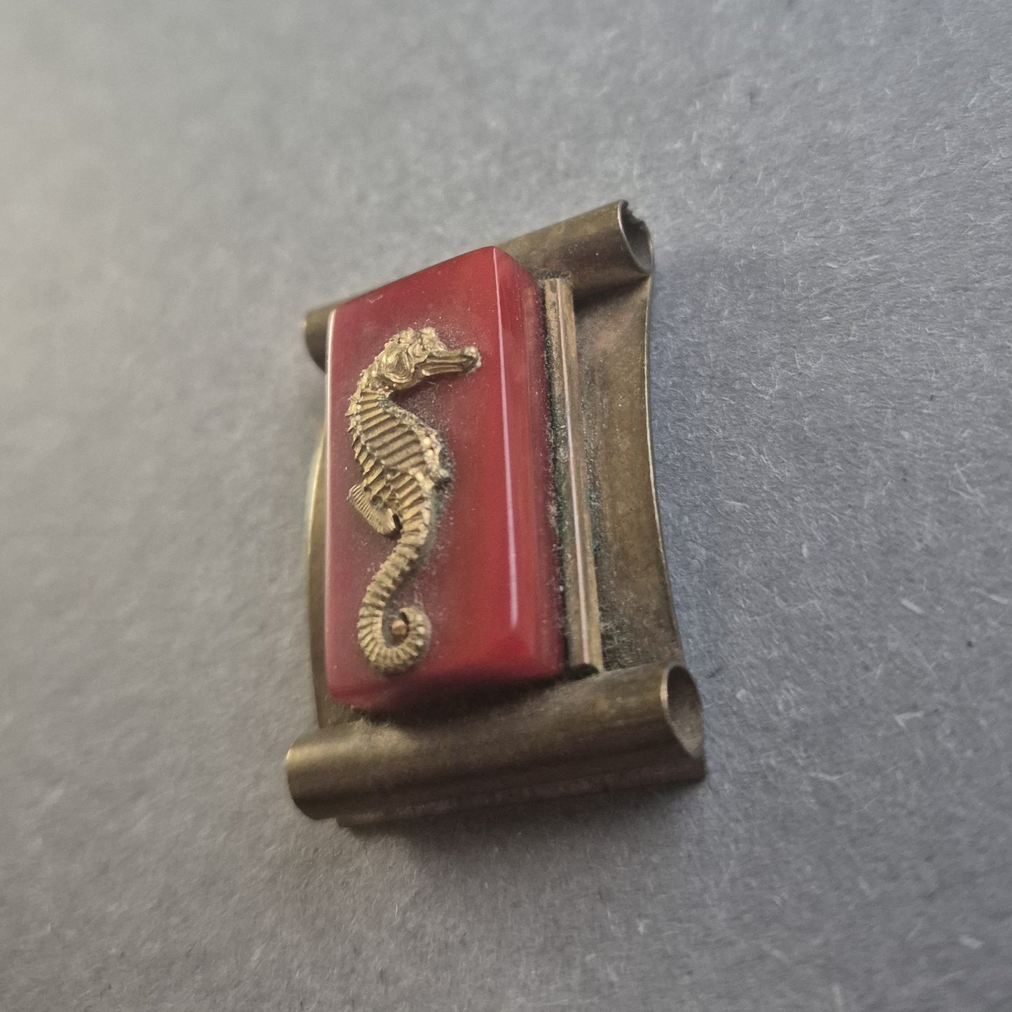 Vintage Messing-Brosche mit Seepferdchen – Roter Akzent und Reliefdesign