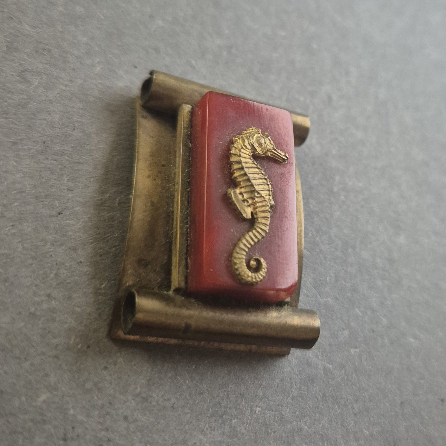 Vintage Messing-Brosche mit Seepferdchen – Roter Akzent und Reliefdesign
