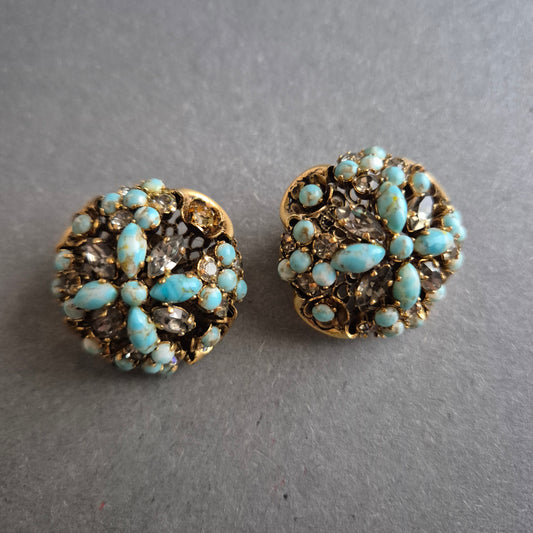 Florale Vintage-Clipohrringe mit Türkisglas – Opulenter Retro-Charme
