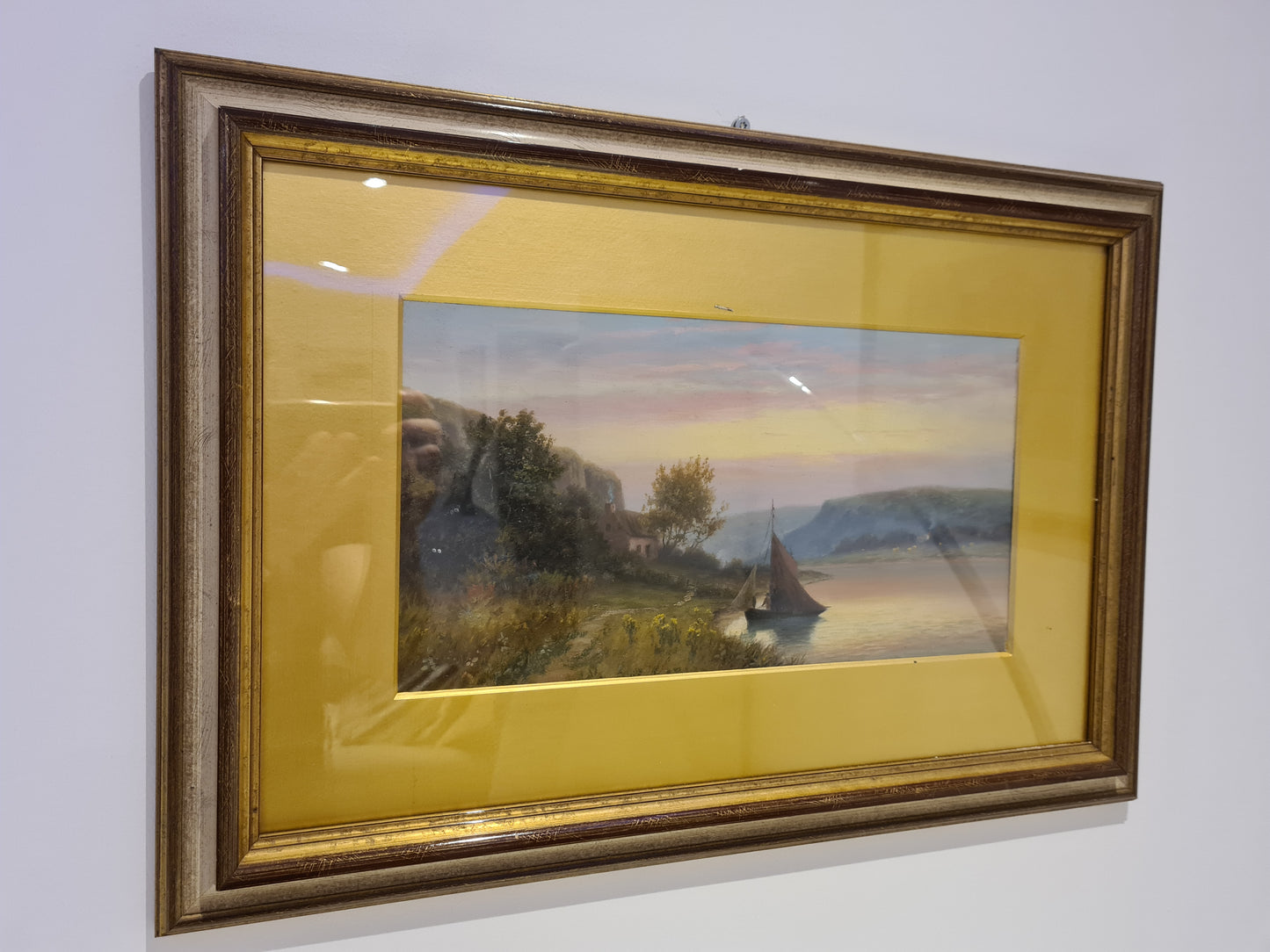 Öl Gemälde Holzrahmen Landschaftsmalerei Segelboot 58x40cm