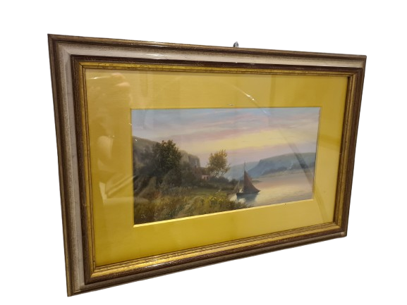 Öl Gemälde Holzrahmen Landschaftsmalerei Segelboot 58x40cm